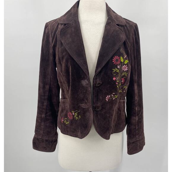 Y2K Suede Leather Jacket Floral Embroidery Front Button Down Brown Womens Medium - Picture 4 of 12